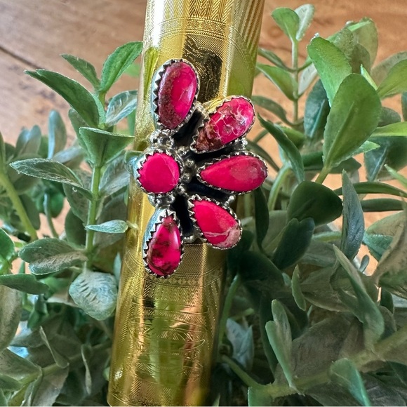 Sea Sediment Pink Jasper Adjustable Sterling Silver 925 Half Cluster Ring - Picture 2 of 9